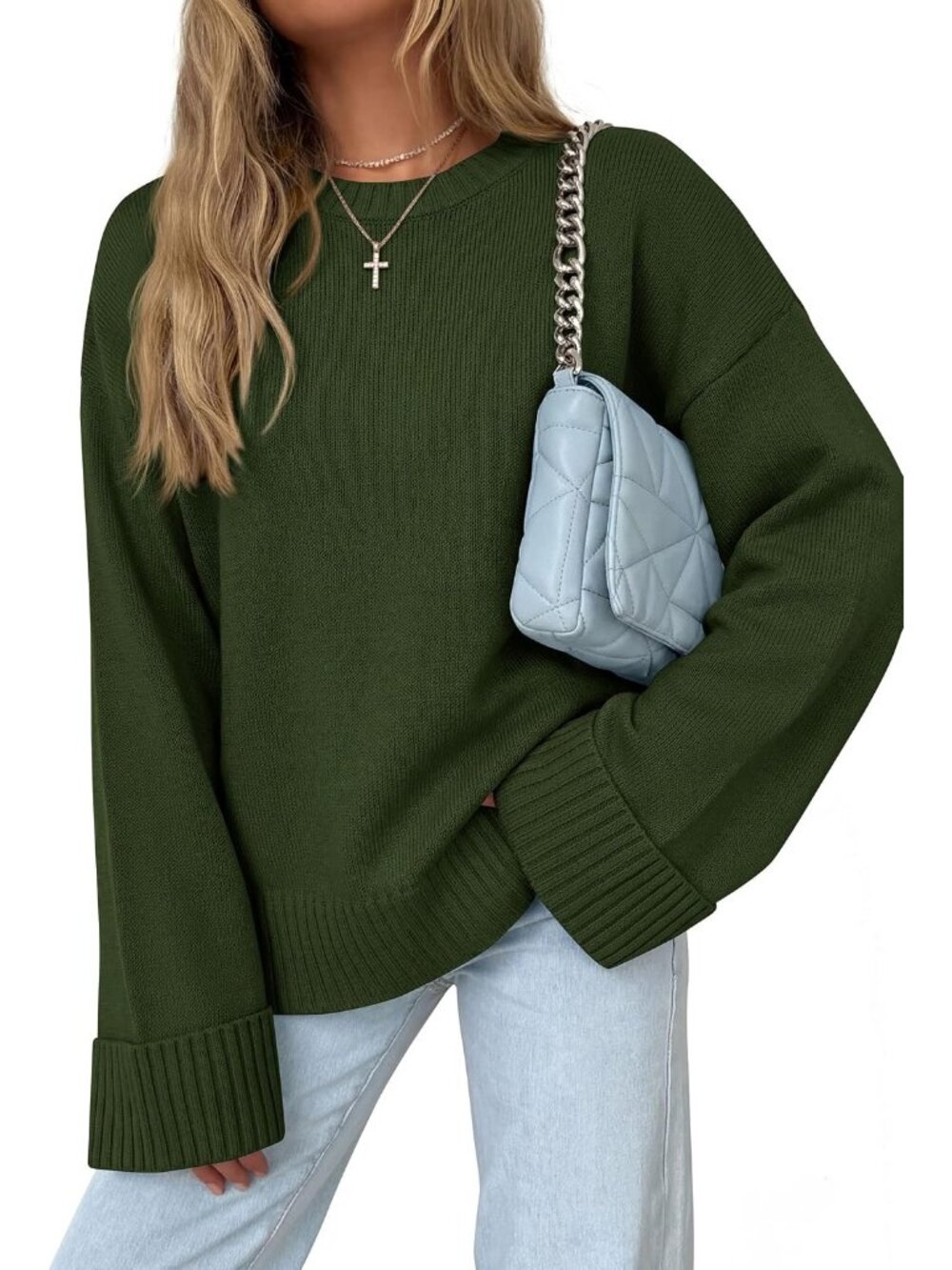 Women's Army Green Crewneck Long Sleeve Solid Ribbed Knit Top Oversized Sweater